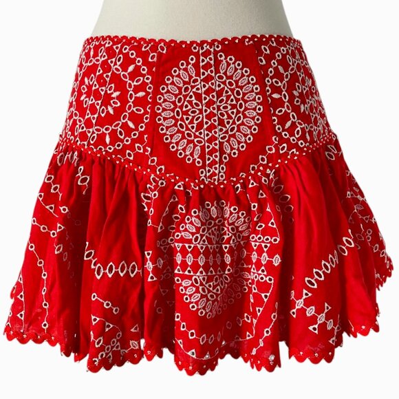 Charo Ruiz Marli Embroidered Mini Skirt L Red Nelum Eyelet Boho Resort - Picture 7 of 12